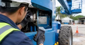 Technician checking a boom lift identification area to match the correct spare parts.