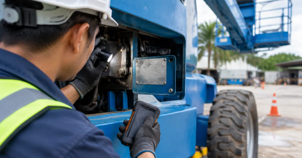 Technician checking a boom lift identification area to match the correct spare parts.