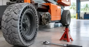 Foam-filled tire beside a lift wheel assembly in a Malaysian maintenance workshop.