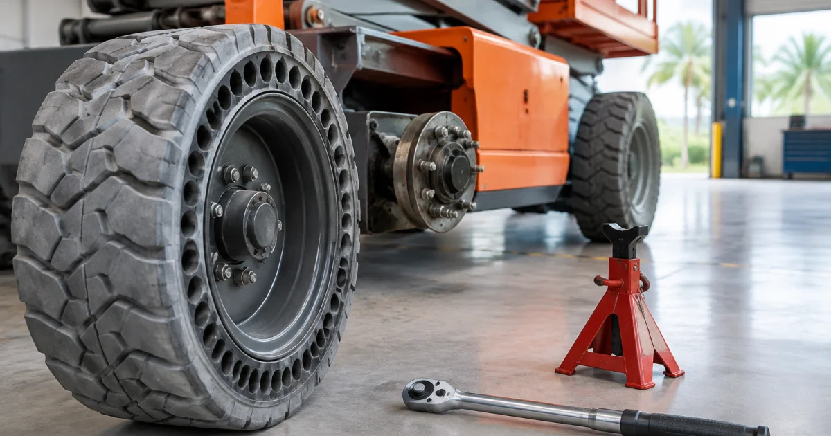 Foam-filled tire beside a lift wheel assembly in a Malaysian maintenance workshop.