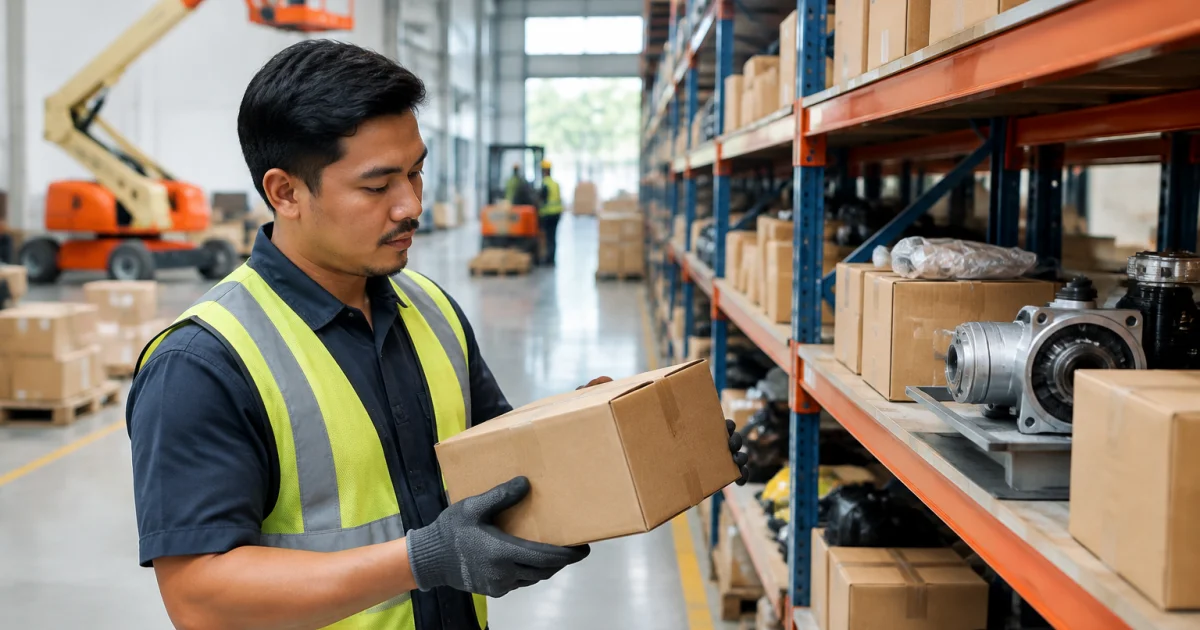 Technician staging lift spare parts in a warehouse for delivery in Malaysia.