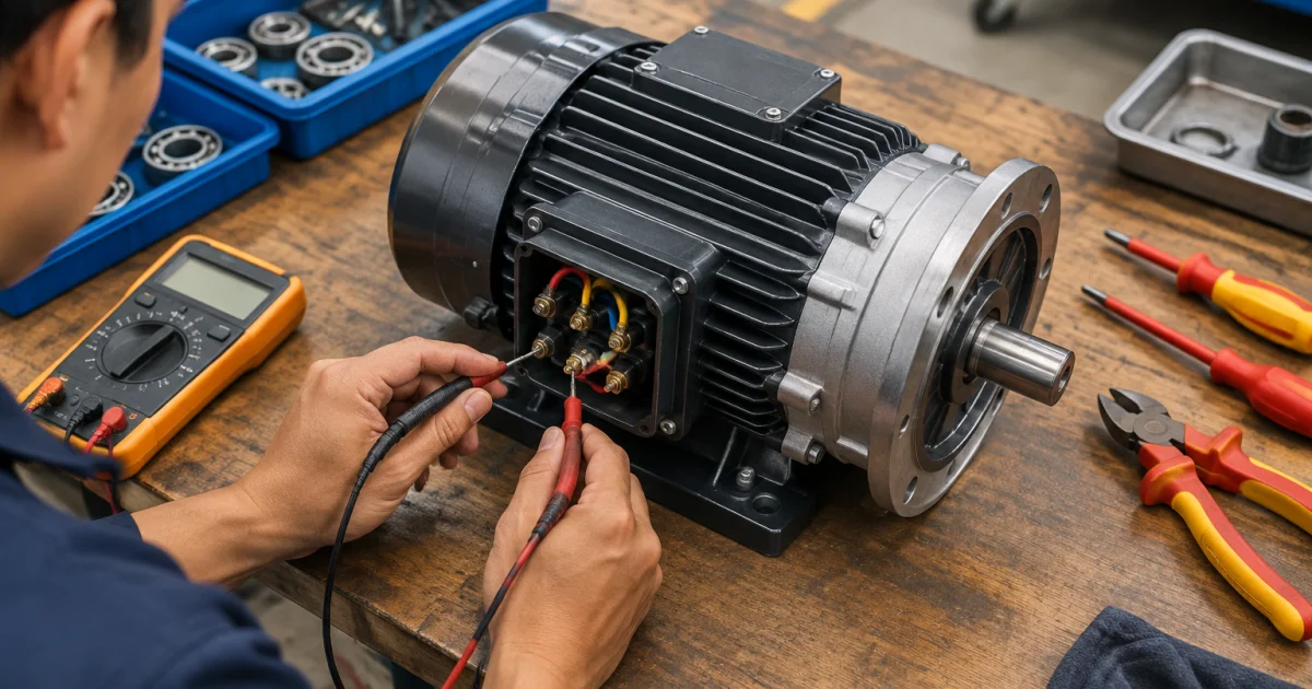 Electric scissor lift drive motor on a bench with diagnostic tools.