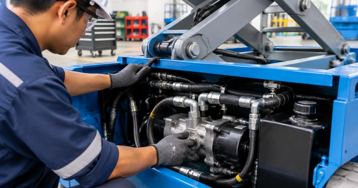 Technician inspecting scissor lift hydraulic pump and hoses in a workshop.