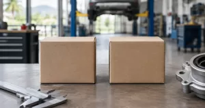 Two unbranded parts boxes on a workshop bench representing sourcing choices for lift parts.