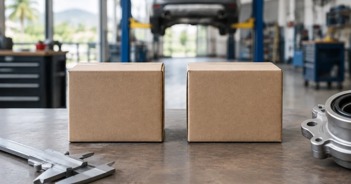 Two unbranded parts boxes on a workshop bench representing sourcing choices for lift parts.