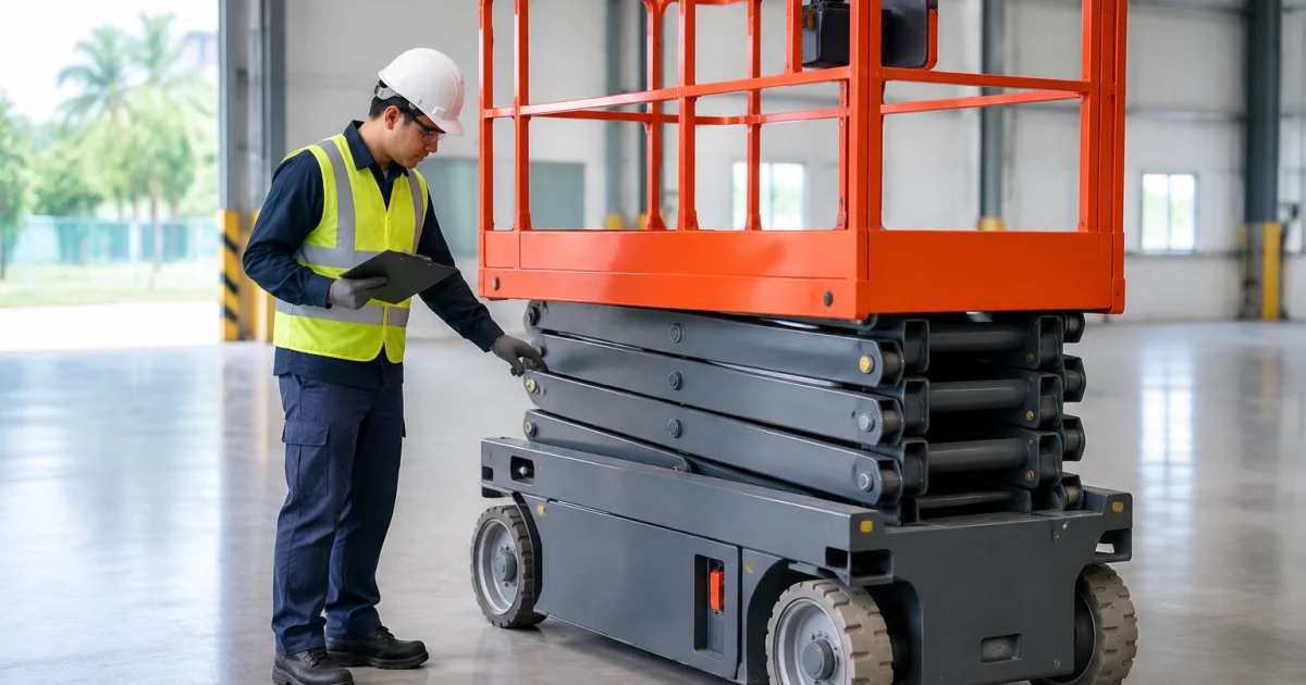Operator performing a pre-use inspection of a scissor lift in Johor.