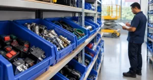Organized spare parts bins for scissor lift maintenance planning in Selangor.