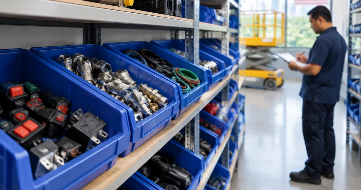 Organized spare parts bins for scissor lift maintenance planning in Selangor.