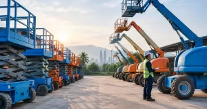 Fleet of scissor lifts and boom lifts in a Malaysian yard representing maintenance trends for reduced downtime.